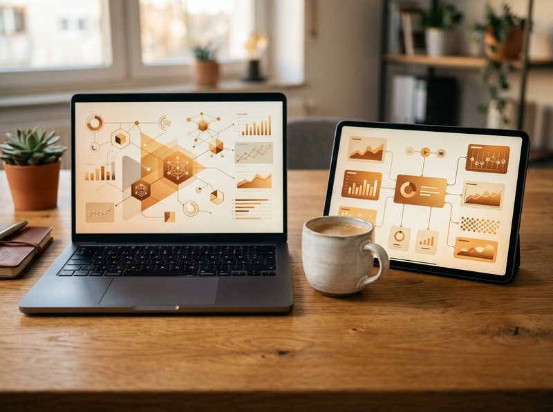 Laptop und Tablet mit ineinandergreifenden Business-Tools am Schreibtisch