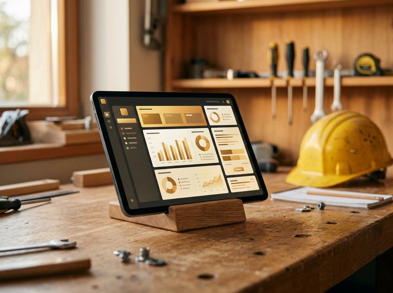 Digitales Business-Tool auf einem Tablet in einer Handwerks-Werkstatt