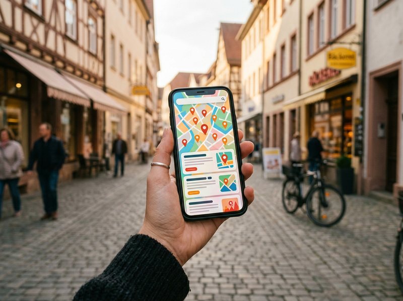 Lokale Google-Suche mit Standort-Markern auf dem Smartphone in einer Innenstadt