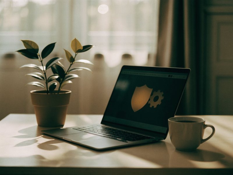 Laptop mit Wartungs- und Sicherheits-Symbolen auf einem ruhigen Schreibtisch