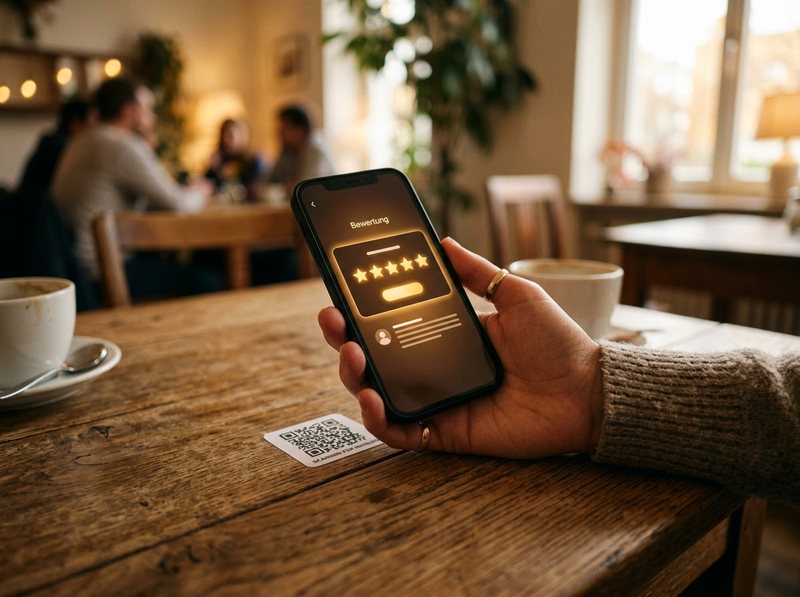 Fünf-Sterne-Bewertung auf dem Smartphone mit QR-Code im Café