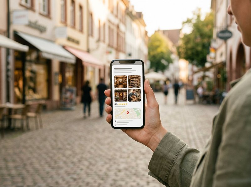 Google-Unternehmensprofil eines lokalen Betriebs auf dem Smartphone in der Innenstadt