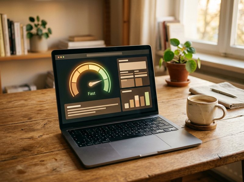 Laptop mit schneller Ladezeit-Anzeige auf einem Schreibtisch