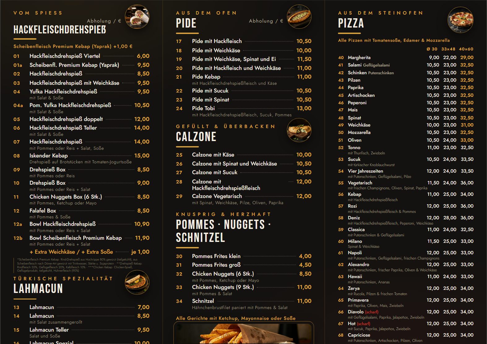 Neuer Speisekartenflyer für Deniz Kebap – Innenseite mit allen Gerichten und Pizza-Übersicht