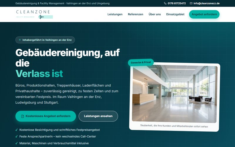 Website CleanZone Facility Management – Gebäudereinigung in Vaihingen an der Enz, Webdesign von Lokalheld digital