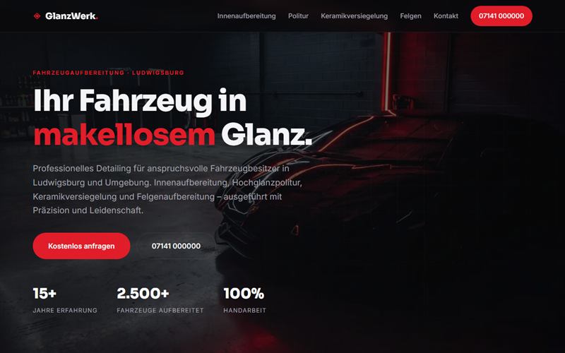 Demo-Design: Website GlanzWerk Detailing – Fahrzeugaufbereitung Ludwigsburg