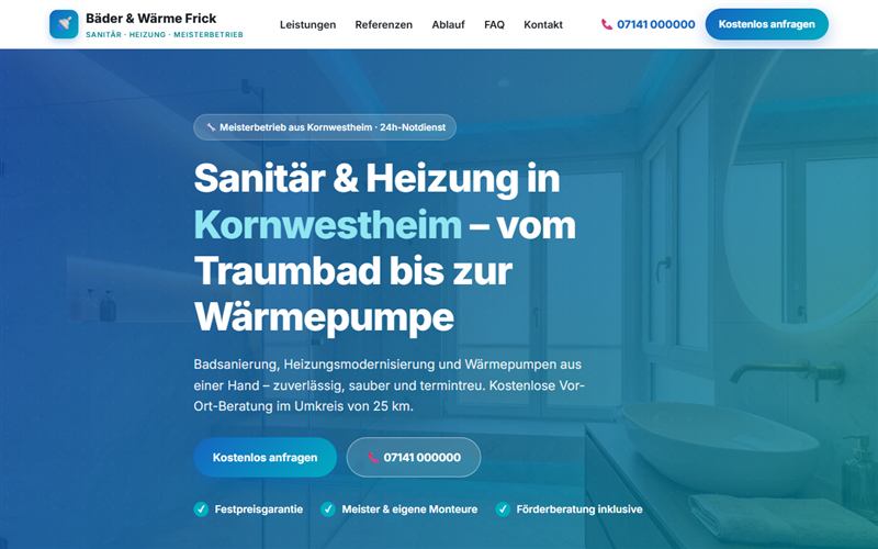 Demo-Design: Website Bäder & Wärme Frick – Sanitär und Heizung Kornwestheim
