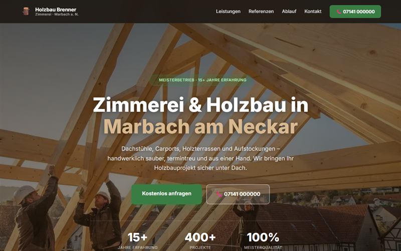 Demo-Design: Website Holzbau Brenner – Zimmerei Marbach am Neckar